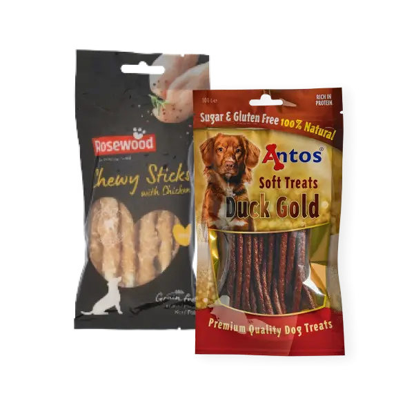 Snacks para perro blandos y naturales de 100g – Rosewood con pollo y Antos Duck Gold con carne de pato, premios saludables sin azúcar ni gluten.