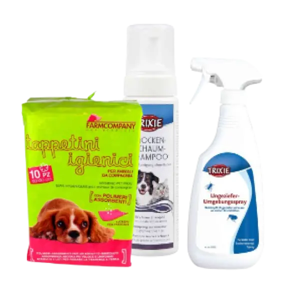 Kit antiparásitos y de higiene para perros con toallitas absorbentes FarmCompany, champú en espuma Trixie y spray repelente de insectos.