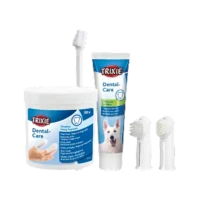 Kit de higiene dental para perros con pasta de dientes Trixie, cepillos de dedo, cepillo largo y toallitas dentales.