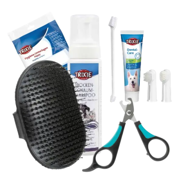 Kit de higiene para perros con cepillo de goma, champú en espuma, pasta dental, toallitas, tijeras cortaúñas y cepillos de dedo.