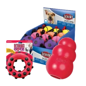 Pelotas, mordedores y juguetes interactivos para perros, con ejemplos de juguetes de KONG y Trixie en diferentes colores y formas.