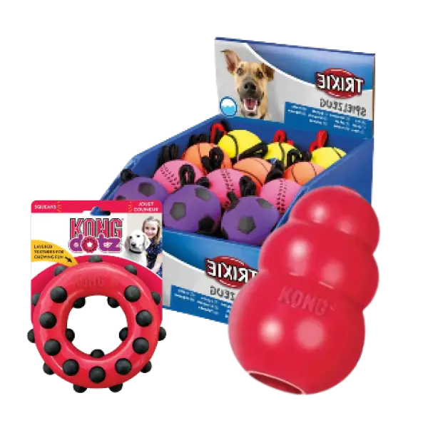 Pelotas, mordedores y juguetes interactivos para perros, con ejemplos de juguetes de KONG y Trixie en diferentes colores y formas.