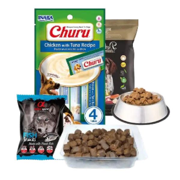 Snacks húmedos y semihúmedos para perro – Churu de pollo con atún, premios blandos de carne y snacks de pescado, golosinas sabrosas y naturales para perros.
