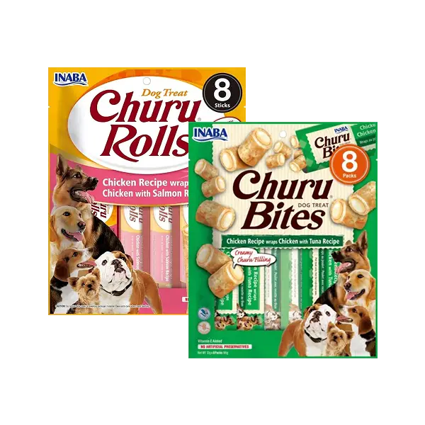 Snacks para perro tipo Churu Rolls y Churu Bites de pollo con atún y salmón – premios húmedos y blandos para perros de todas las razas.