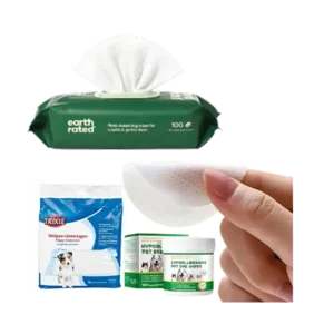 Toallitas húmedas para perros Earth Rated, discos limpiadores hipoalergénicos para ojos y empapadores Trixie para cachorros.