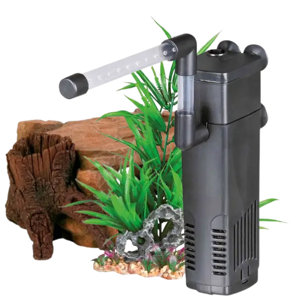 Accesorios para acuarios con filtro interno, plantas artificiales y decoraciones para peces y tortugas acuáticas.