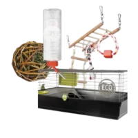 Accesorios para roedores y pequeños mamíferos, incluye jaula, bebedero, juguetes y elementos para su entretenimiento.