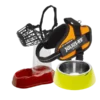 Accesorios para perro, incluye arnés Julius-K9, comederos, bebederos y bozal para perros.