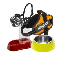Accesorios para perro, incluye arnés Julius-K9, comederos, bebederos y bozal para perros.