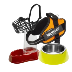Accesorios para perro, incluye arnés Julius-K9, comederos, bebederos y bozal para perros.