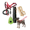 Accesorios de adiestramiento para perro, incluye arnés, silbato, clicker y correa de entrenamiento.