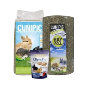 Alimentación Cunipic para roedores y pequeños mamíferos, incluye heno, snacks y hay roll para conejos, cobayas y chinchillas.
