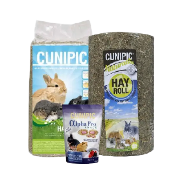 Alimentación Cunipic para roedores y pequeños mamíferos, incluye heno, snacks y hay roll para conejos, cobayas y chinchillas.