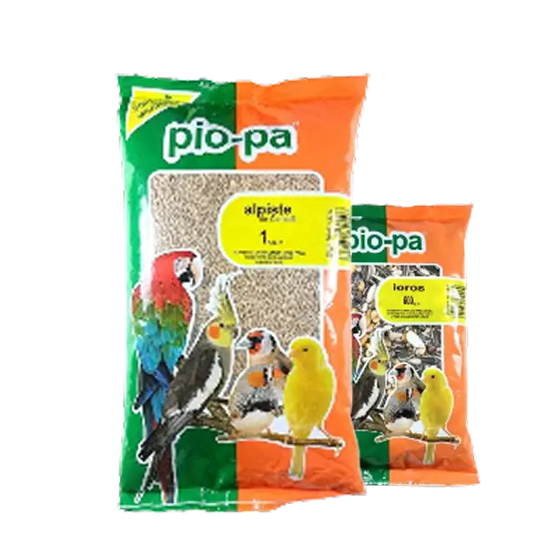 Alimentación para aves Pio-Pa, alpiste y semillas para canarios, loros y aves exóticas, mezcla natural y nutritiva.