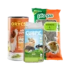 Comida para roedores y pequeños mamíferos, incluye heno, pellets y pienso para conejos, cobayas y hámsters.