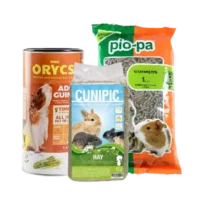 Comida para roedores y pequeños mamíferos, incluye heno, pellets y pienso para conejos, cobayas y hámsters.
