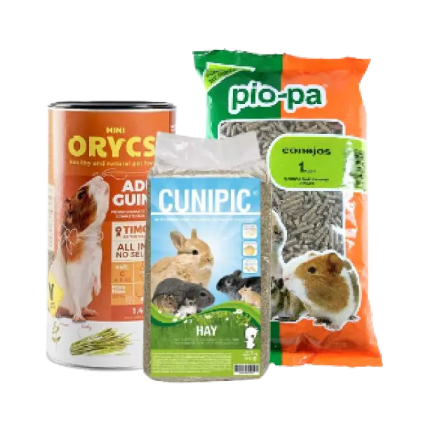 Comida para roedores y pequeños mamíferos, incluye heno, pellets y pienso para conejos, cobayas y hámsters.
