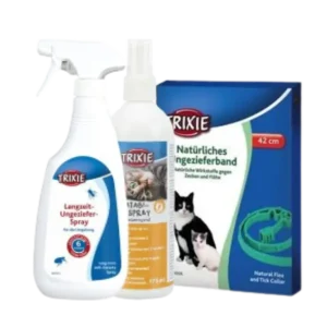 Antiparasitarios y repelentes para gato: collar antipulgas, spray repelente y productos para eliminar parásitos en gatos.