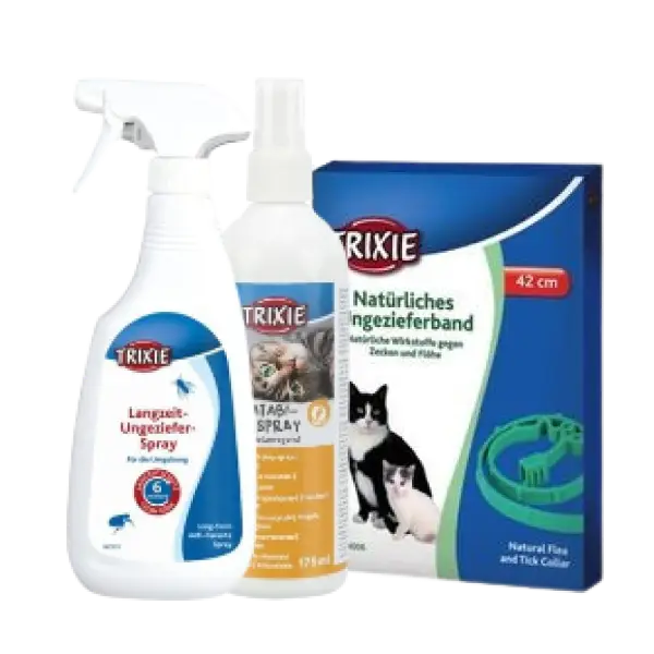 Antiparasitarios y repelentes para gato: collar antipulgas, spray repelente y productos para eliminar parásitos en gatos.