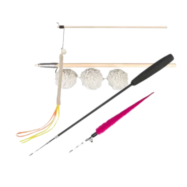 Cañas de juguetes para gatos – varitas interactivas con pelotas, cuerdas y plumas para jugar con tu gato.