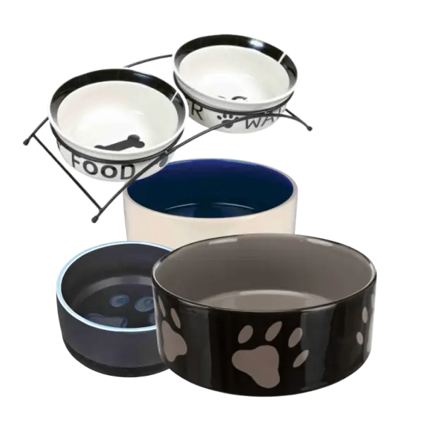 Comederos y bebederos de cerámica para perros – platos resistentes y decorativos para servir comida y agua con estilo.