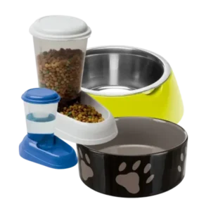 Comederos y bebederos para perro, incluye platos de acero, cerámica y dispensadores automáticos de comida y agua.