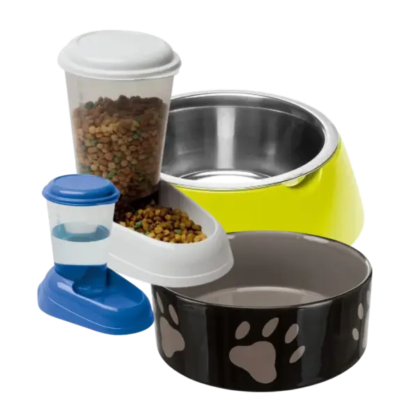 Comederos y bebederos para perro, incluye platos de acero, cerámica y dispensadores automáticos de comida y agua.