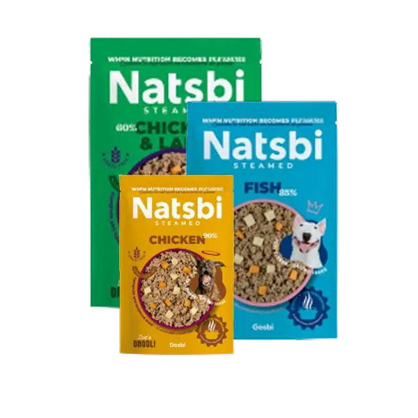 Comida cocinada Natsbi perro Comida cocinada para perro Natsbi, recetas al vapor con pollo, pescado y cordero, alimento natural y nutritivo.