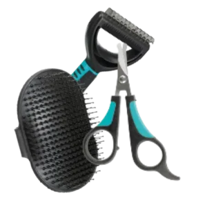 Cepillos, tijeras y herramientas de peluquería para perro, accesorios para el cuidado y mantenimiento del pelaje.