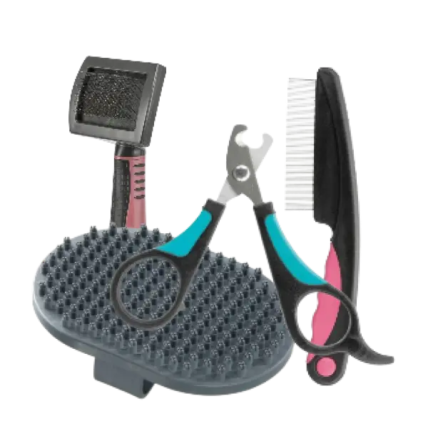 Cepillos, peine y cortaúñas para gato. Kit de cosmética y peluquería para gatos, accesorios de grooming y aseo felino.