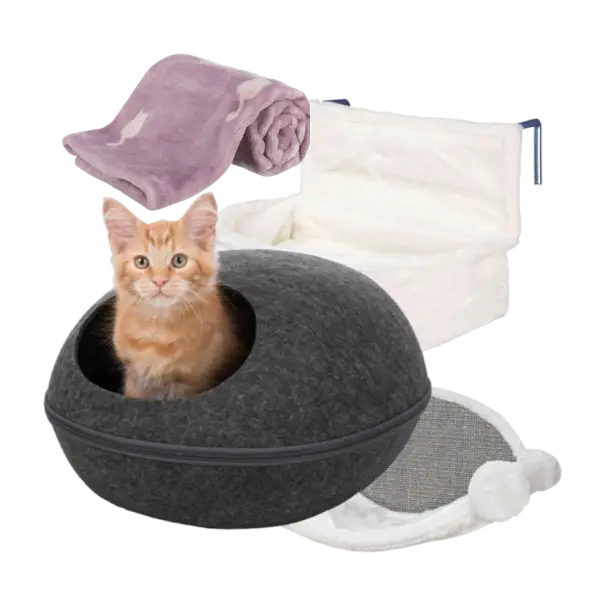 Camas, cuevas y accesorios de descanso para gato, con mantas y colchonetas cómodas.