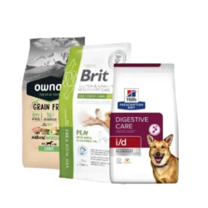 Piensos de dieta veterinaria para perro, alimentos secos para digestión, alergias o control de peso, recomendados por veterinarios.