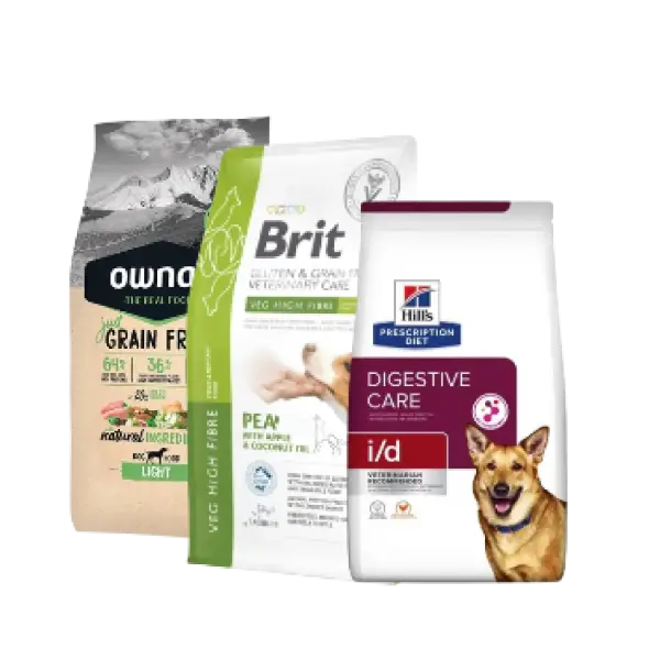 Piensos de dieta veterinaria para perro, alimentos secos para digestión, alergias o control de peso, recomendados por veterinarios.