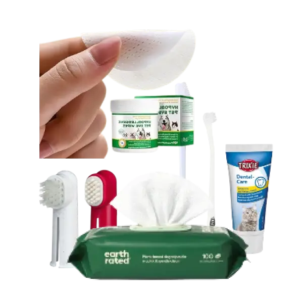 Kit de higiene dental, ocular y auditiva para gatos con toallitas, cepillos, gel dental y discos limpiadores. Limpieza de dientes, ojos y oídos para gato.