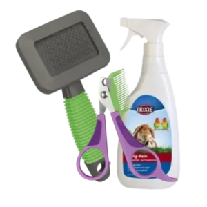 Higiene para roedores y pequeños mamíferos – accesorios de limpieza como cepillo, cortaúñas y spray para el cuidado diario.