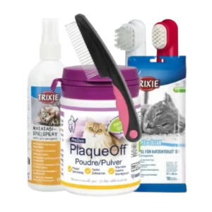 Productos de higiene y salud para gatos: cepillo, spray, polvo dental y accesorios de limpieza para el cuidado del gato.