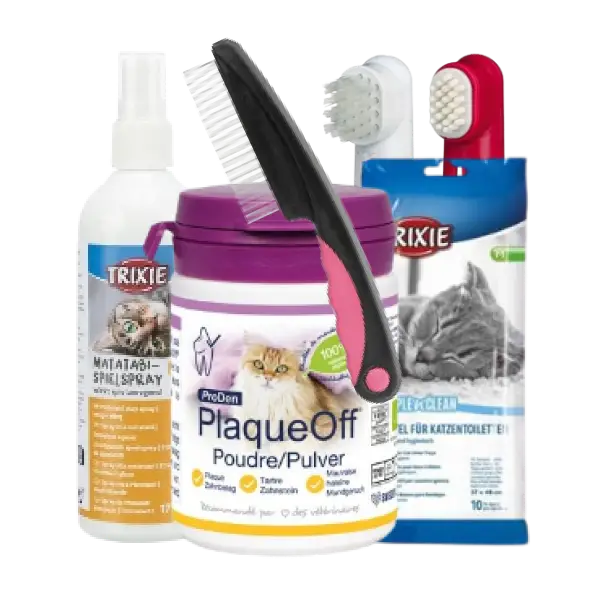 Productos de higiene y salud para gatos: cepillo, spray, polvo dental y accesorios de limpieza para el cuidado del gato.
