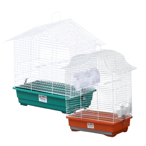 Jaulas para aves pequeñas en diferentes colores, ideales para periquitos, canarios y otras aves domésticas.