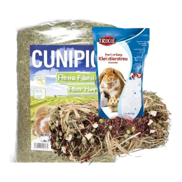 Lechos y heno para roedores y pequeños mamíferos – heno nutritivo y sustratos absorbentes para conejos, hámsters y cobayas.