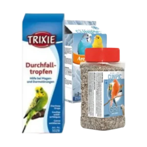 Productos para limpieza y salud de aves como periquitos y canarios, incluyendo grit, arena y gotas digestivas.