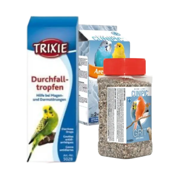Productos para limpieza y salud de aves como periquitos y canarios, incluyendo grit, arena y gotas digestivas.