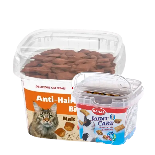 Snacks Sanal para gatos – premios funcionales con malta anti bolas de pelo y cuidado articular con glucosamina.