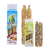 Snacks para aves en forma de barritas con frutas, semillas y miel, ideales para periquitos, canarios y agapornis.