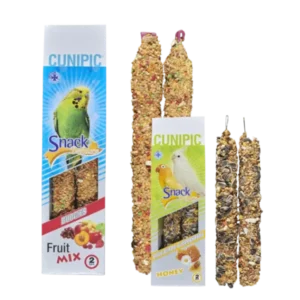 Snacks para aves en forma de barritas con frutas, semillas y miel, ideales para periquitos, canarios y agapornis.