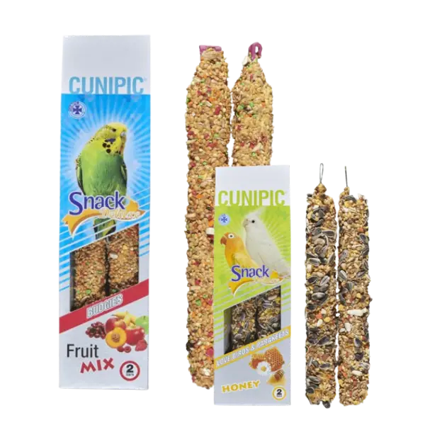 Snacks para aves en forma de barritas con frutas, semillas y miel, ideales para periquitos, canarios y agapornis.