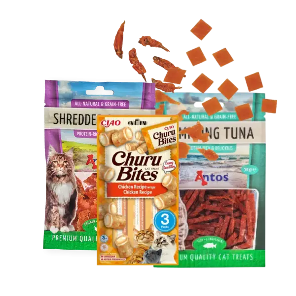 Snacks para gato, bocaditos de pollo y atún, golosinas naturales y saludables para gatos.