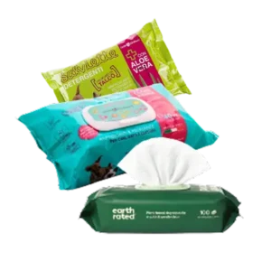 Toallitas húmedas y empapadores para gato. Paños de limpieza para gatos con aloe vera y empapadores higiénicos desechables.