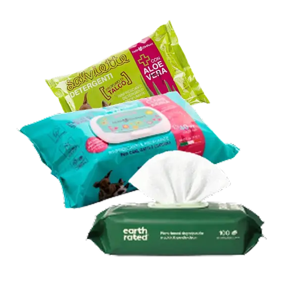 Toallitas húmedas y empapadores para gato. Paños de limpieza para gatos con aloe vera y empapadores higiénicos desechables.