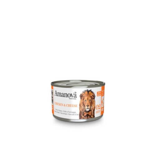 lata delantera del producto Amanova Pollo Con Queso Comida Húmeda Grain Free para Gato Adulto