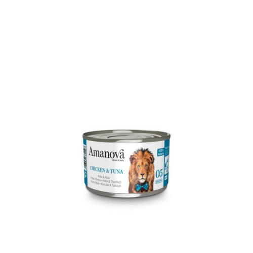 lata delantera del producto Amanova Pollo Y Atún Comida Húmeda Grain Free Para Gato Adulto